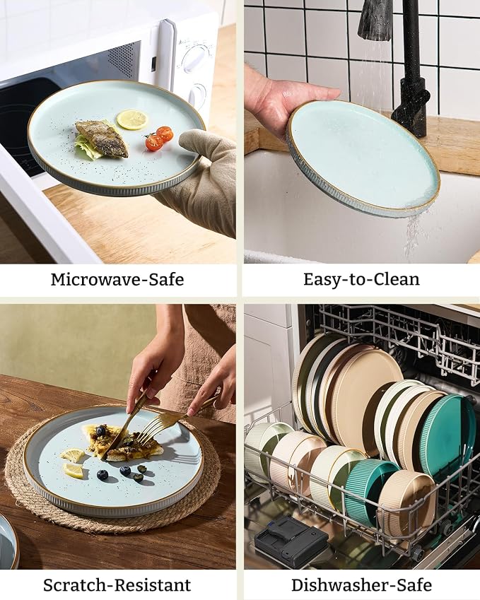 Famiware Stoneware Dishes Dinnerware Sets for 6, Plates and Bowls with Trim | 18pc Ceramic Dinner Set with Lipped Edges, Chip & Scratch Resistant , Microwave & Dishwasher Safe, Everyday Formal Use, Blue