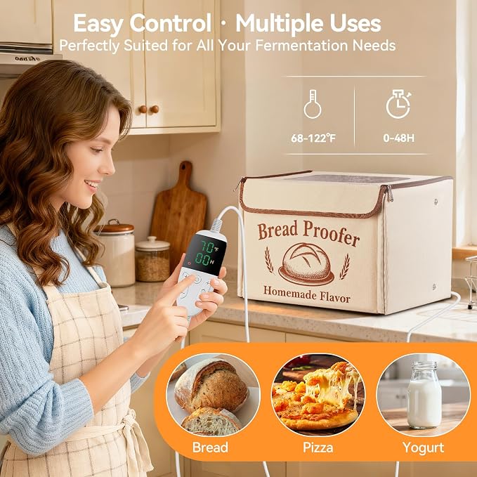 Proofing Box - Foldable Proofing Bread Box with 68-122°F Temp Control & 48H Timer, Bread Proofer for Sourdough, Pizza Dough, Yogurt, Kombucha, 5-Layer Fabric (Beige)