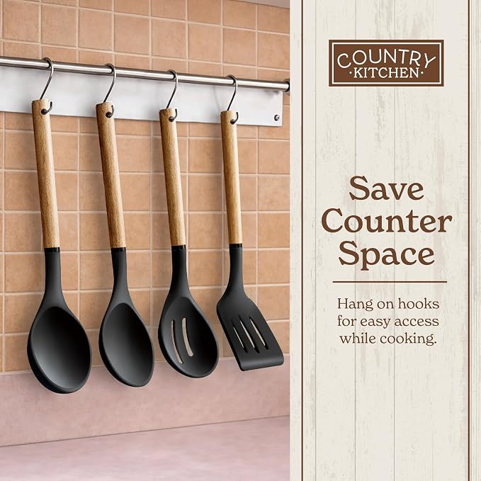 Country Kitchen Non Stick Silicone Utensil Set with Rounded Wood Handles for Cooking and Baking, 8 Piece Set, Black