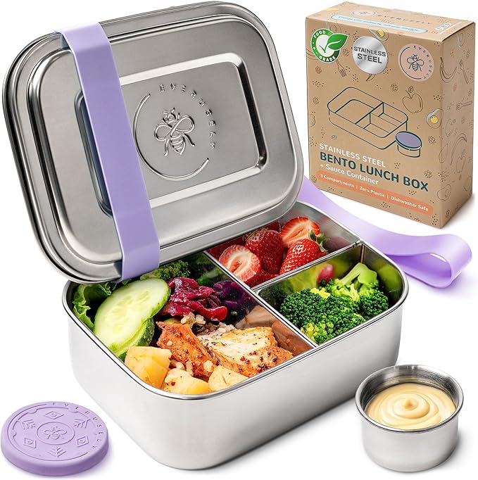 Stainless Steel Bento Box + Condiment Container - Lavender, 27oz / 0.8 L | Everusely metal lunch box, leakproof sauce container, 3 compartment snack organizer for travel, freezer & dishwasher safe