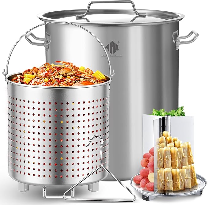 ARC 52QT Stainless Steel Stockpot for Crab Seafood Boiler w/Basket, 13Gal | Outdoor Cooking Pot w/Steamer Rack-Divider-Lift Hook-Tube For Crawfish Lobster Shrimp Boiling-Turkey Fryer and Tamales Steam
