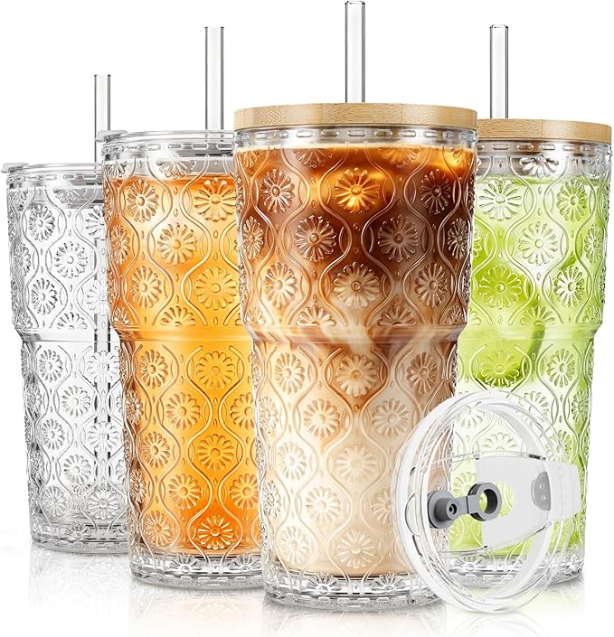 SoulTimes 20oz Begonia Flower Glass Tumbler with Bamboo Lid and Straw–Iced Coffee Glasses Cups for Smoothie, Matcha, Juice, Water etc. Leakproof and Reusable Glassware Drinking for Travel To Go [4Pcs]
