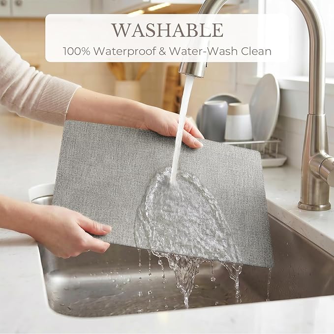 Romanstile Vinyl Placemats Set of 4-12 X 17 Inch - Faux Leather 100% Waterproof Wipeable Anti Slip Place Mats, Heat Resistant Reversible PU Table Mats for Kitchen Dining Party Outdoor, Light Grey