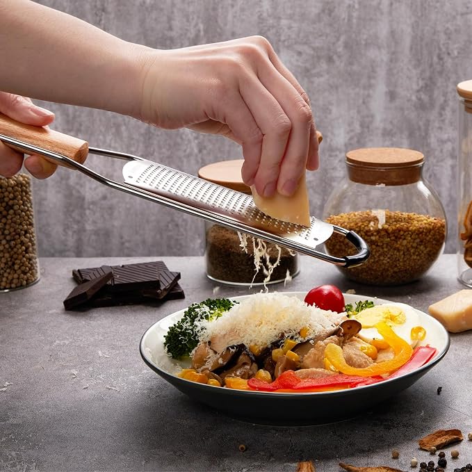 Tomorotec Stainless Steel Cheese Grater w/Wood Handle for Parmesan Cheese | Cheese Grater Zester for Lemon, Ginger, Cheese, Potato, Natural Wood Handle with Non-Slip Rubber Foot, 304 Stainless Steel