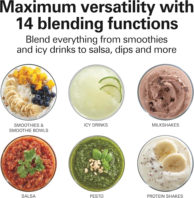 Hamilton Beach Wave Crusher Blender for Smoothies With 40 Oz Glass Jar | 14 Functions For Consistently Smooth Results | Stainless Steel Ice Sabre Blades | 700 Watts | Black | 54220