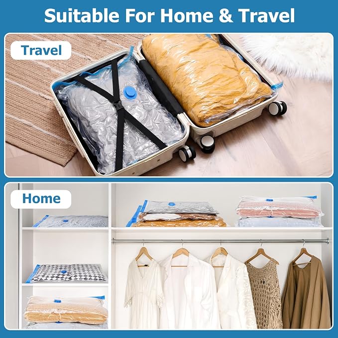 15 Vacuum Seal Bags for Clothing Travel with Rechargeable Air Pump | 4 Size Space Saver Vacuum Storage Bags, 1500mAh Type-C Pump, 6000Pa Saves 80% Space, PA+PE Tearproof Zipper