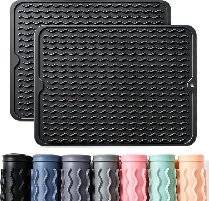 2 Pack Caketime Silicone Dish Drying Mat for Kitchen Counter Cooking Baking Coffee Bar Hot Pads Accessories Dining Home Essentials Under Sink Protector Organizers Stone Rack Trays Drain Black