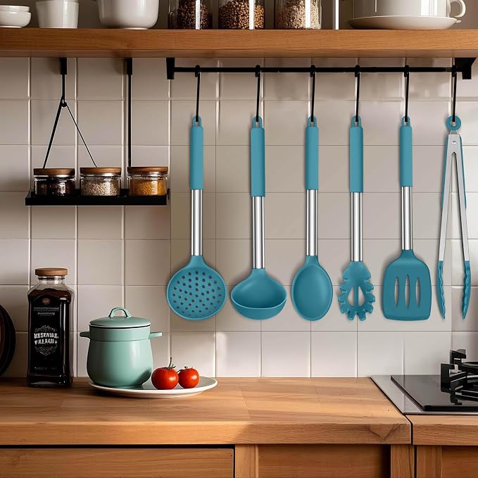 LIANYU Silicone Kitchen Utensils, 6 Pcs Cooking Utensils Spatula Set, Blue | Slotted Turner, Spoon, Soup Ladle, Pasta Server, Skimmer, Tongs for Nonstick Cookware, Heat Resistant, Stainless Steel Handle