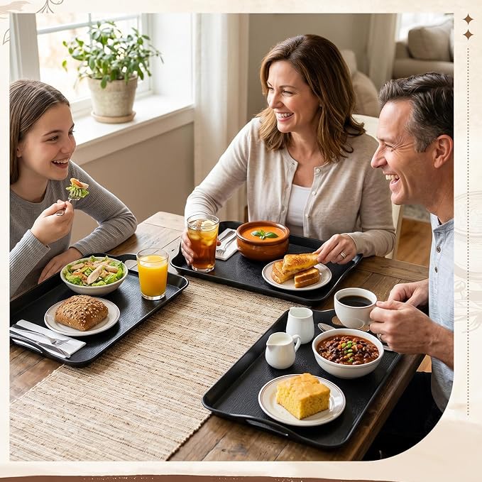 Kathfly 12 Pack 16" x 11" Serving Trays with Handles, Plastic Tray, Black | PP Material, Anti-skid Texture, Decorative Food Tray, for Restaurant, Hotel, Kitchen, Party; Not Microwave/dishwasher Safe
