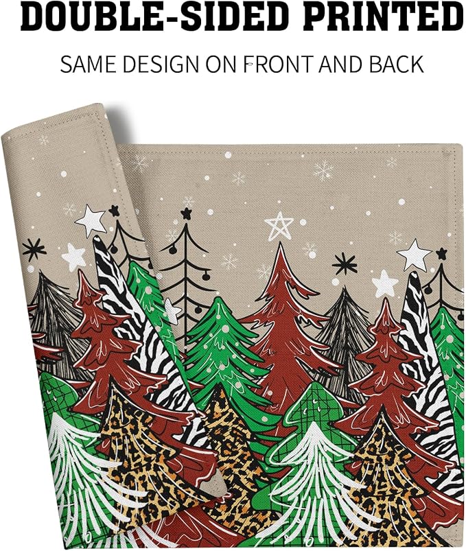 Watercolor Xmas Tree Placemats for Dining Table Set of 4, 12 x 18 Inch Winter Snowflake Heat Resistant Xmas Linen Dining Table Mats for Home Kitchen Tabletop Decoration