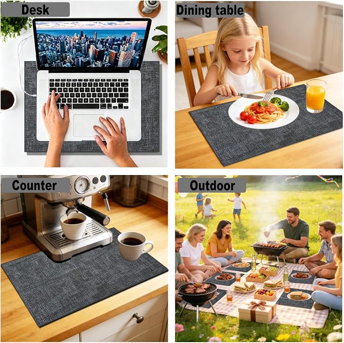 Faux Leather Placemats Set of 6, 11.8"x17.7", Dark Gray | Reversible Table Mats, Waterproof, Stain & Heat Resistant, Easy Clean for Dining, Gatherings, Outdoor