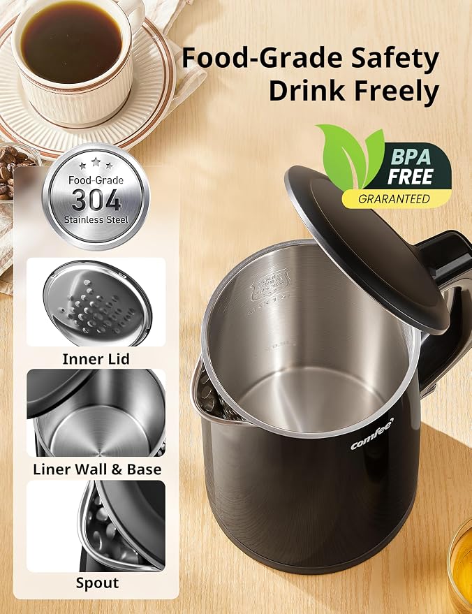 COMFEE' Stainless Steel Double Wall Electric Kettle 1.5L, Black
