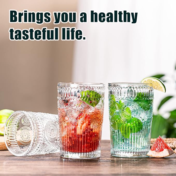 Vintage Drinking Glasses Set of 12, Textured Clear Striped Glass Cups-6 Highball Glasses 13oz & 6 Rocks Glasses 10oz, Ribbed Glassware Set, Mojito Cups, Cocktail Glass, Iced Coffee Cup