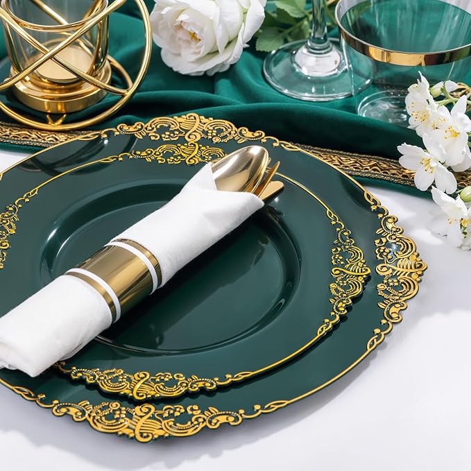 Nervure 175Pcs Green Plastic Plates, Disposable Party Plates for 25 Guests | 25 7.5" Dessert & 25 10.25" Dinner Disposable Plates, 75 Gold Cutlery, 25 9oz Cups, 25 Napkin for Wedding & Party, BPA-free