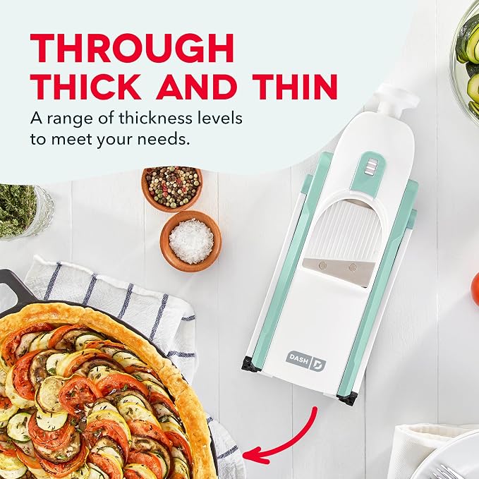 Dash Safe Slice Mandoline Slicer, Adjustable 30+ Combos, Aqua | Vegetable, Potato & Onion slicer, 1-8mm Thickness, Julienne, Matchstick & Dice Cuts, Folds Flat, Stainless Steel Blades