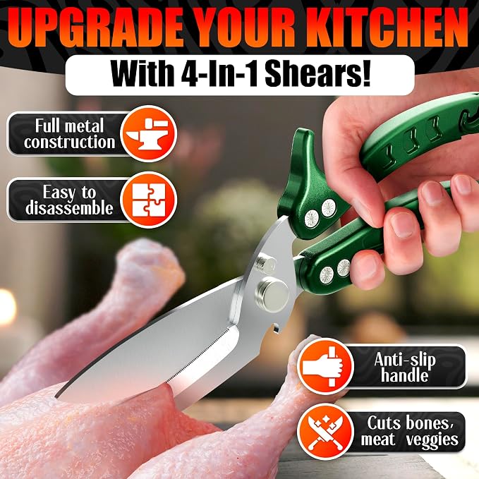 Kitchen Shears Heavy Duty, Safety Lock, Stainless Steel (Green) | Poultry Shears for Chicken, Turkey, Spatchcock, Fish; Bone Cutting Scissors, Micro-Serrated, Spring-Loaded, Separate to Clean