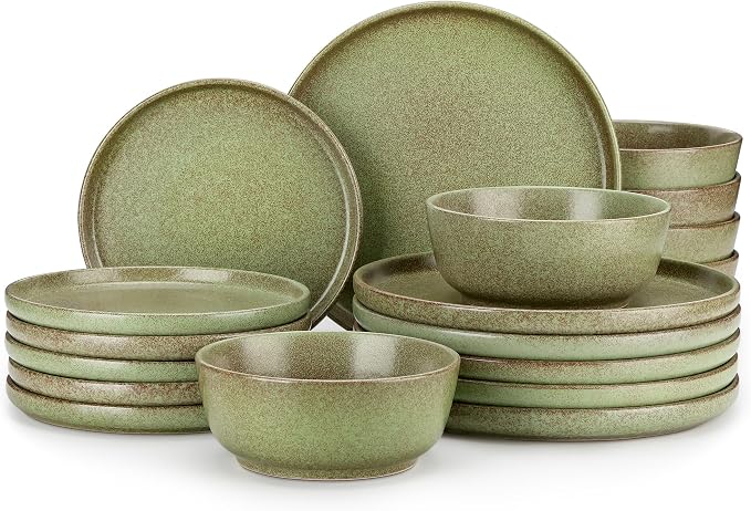vancasso ZERMATT 18 Pieces Stoneware Dinnerware, Plates and Bowls Set for 6 | Dinnerware Set for 6 in Mossy Green Reactive Glaze Stoneware, Kitchen Dinner Set, Microwave and Dishwasher Safe