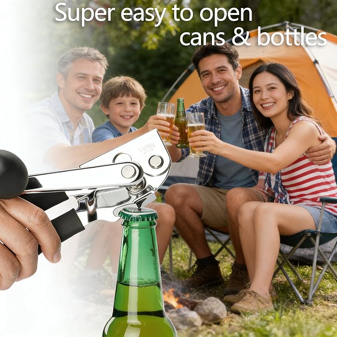 Manual Can Opener Heavy Duty Smooth Edge for Seniors Arthritis, Long Handle | stainless steel,magnetic lids lifting,built-in beer opener,comfortable grip,smoothly cutting,kitchen & picnic tool,all cans