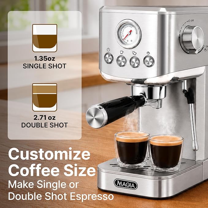 Zulay Magia Compact Espresso Machine – 20 Bar Small Espresso Machine with Milk Frother Steam, Latte & Cappuccino, Mini Espresso Machine 1350W Fast Heating, 40oz Water Tank, Stainless Steel – Silver