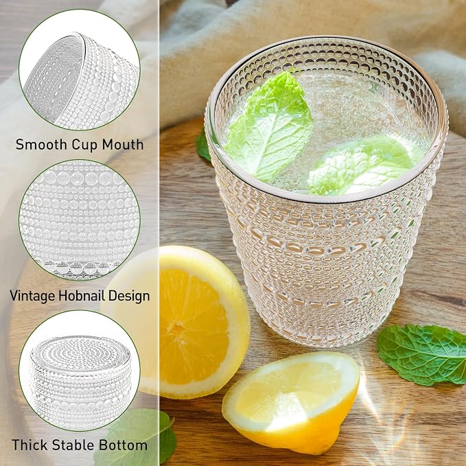 Hobnail Drinking Glasses Set of 12 Kitchen Glass Cups Glassware, Clear | 12 oz Highball Glasses, 10 oz Cocktail Glasses, Vintage Embossed Bar Tumbler Glassware Set for Beer Juice Whiskey Milk