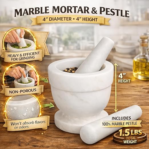 Creative Home Handcrafted 4 inch Mortar and Pestle Solid Marble Grinder for Spices and Herbs Artisan Carved from Yushan Marble Elegant and Durable for Everyday Cooking, 4 Diam. x 4 H Inch