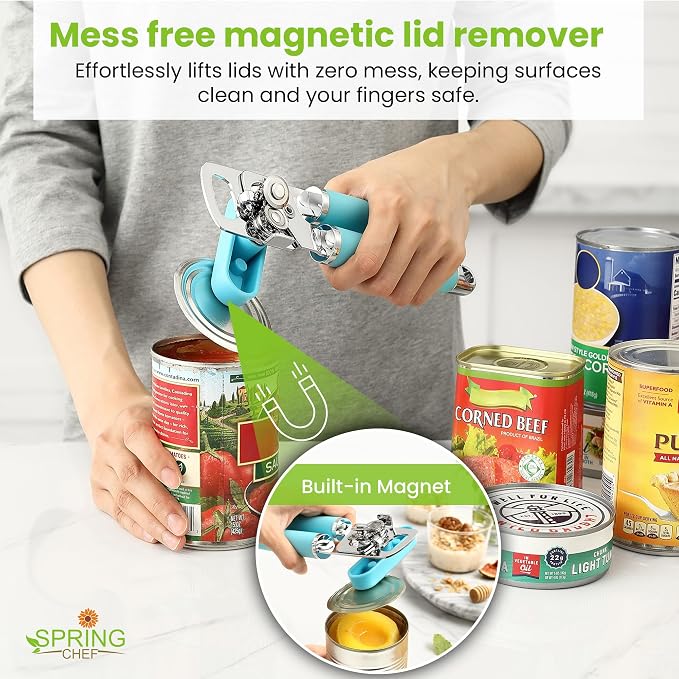 Spring Chef Stainless Steel Manual Can Opener w/Soft Grip Handle, Aqua Sky | Heavy Duty Hand Can Opener for Seniors with Smooth Edge, Easy Turn, 3in1 Can Opener with Magnetic Lid Remover & Bottle Opener