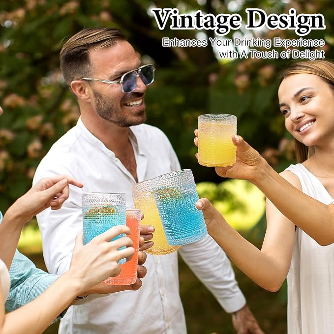 Drinking Water Glass Cups Set,Crystal Hobnail Glass set of 8,15oz&12oz | Unique Design Vintage Tall Glass Cups Sets for Whiskey,Cocktail,mocktails