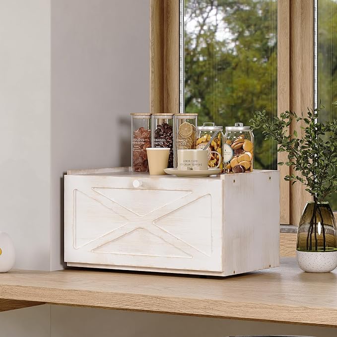Trironsun Bamboo Bread Box for Kitchen Counter Farmhouse Bread Storage Container Large Capacity Bread Storage Bin Bread Holder (Antique White)