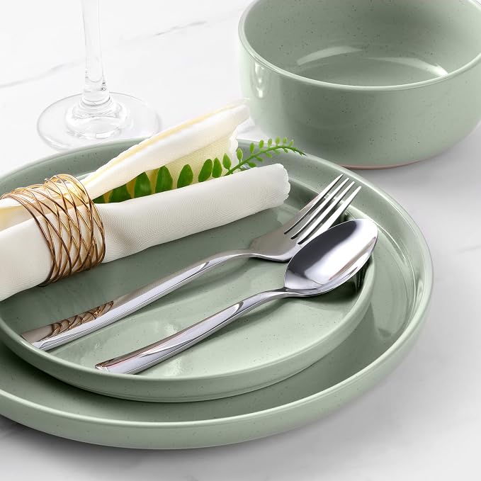 LIANYU Porcelain Dinnerware Set for 2, 6 PCS Stoneware Dinner Plates and Bowls, Ceramic Dining Dishes Set for Dessert Salad Pasta, Microwave & Dishwasher Safe, Fog Green