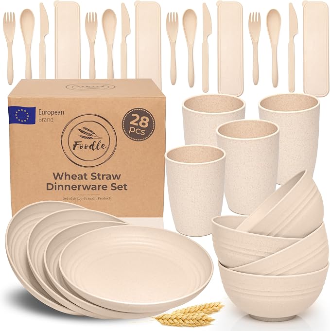 FOODLE Wheat Straw Dinnerware Set - Picnic, Camping Plates Cups and Bowls | BPA-Free & Safety Tested - Microwave & Dishwasher Safe - College Dorm Unbreakable Dishes - Great for Kids & Adults - For 4