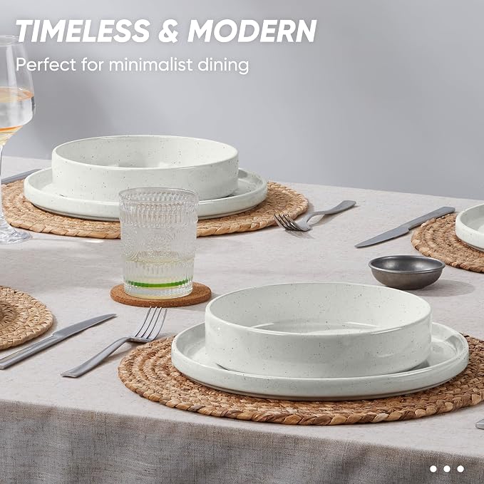 E-far 16-Piece Stoneware Dinnerware Sets with Pasta Bowls, Speckled White | Plates and Bowls Sets for 4, Chip and Scratch Resistant, Microwave & Dishwasher Safe Kitchen Modern Dish Set