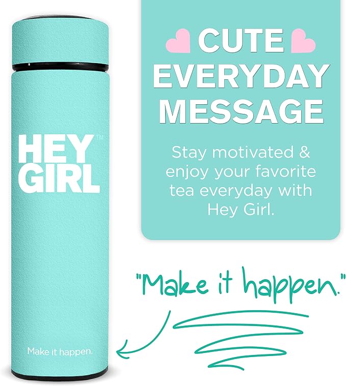 Hey Girl Tea Infuser Bottle 450ml - Insulated Stainless Steel Water Bottle - Tea Tumbler with Tea Diffuser - Portable Travel Mug for Loose Leaf Tea & Infused Water - Tea Lovers Gifts for Women