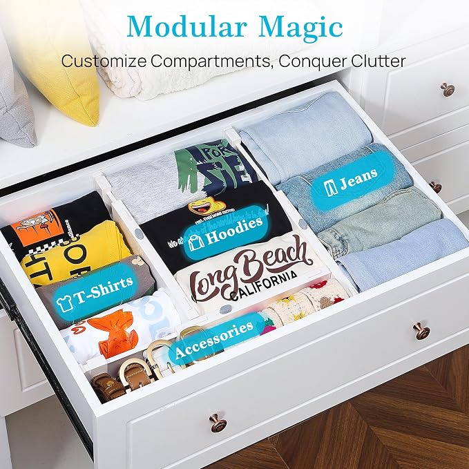 Vtopmart Drawer Dividers for Clothes 8 Pack, Adjustable 4" High Expandable from 11.3"-17" Dresser Drawer Organizer, Plastic Drawers Separators for Dresser, Baby Clothes, Kitchen and Office Storage | Adjustable Drawer Organizer, Dresser Clothes Separato...