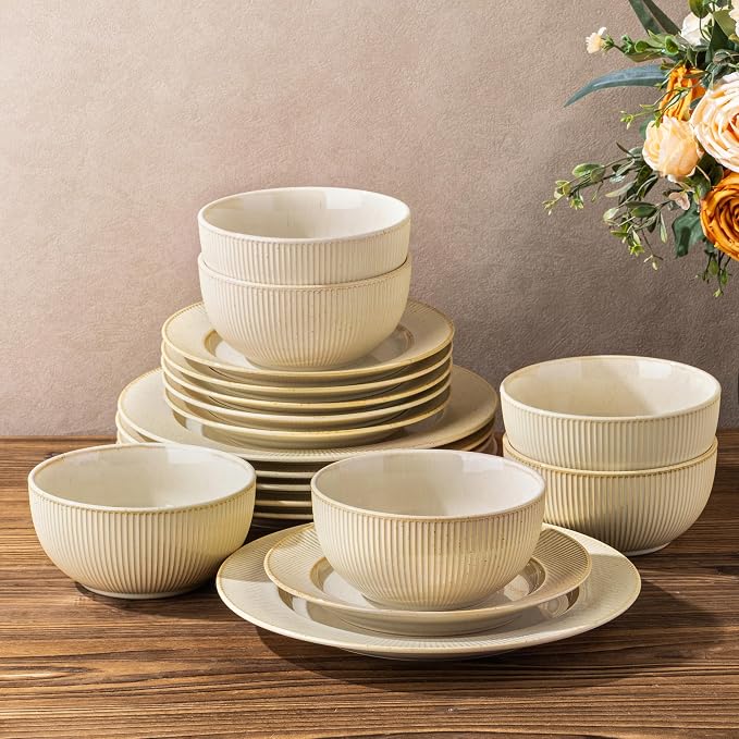 Ceramic Dinnerware Set for 6, 18-Piece Plates and Bowls Set | Lightweight Porcelain Dish Set, Scratch Resistant, Oven & Microwave & Dishwasher Safe, Cream Latte