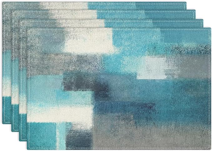 Emvency Farmhouse Placemats Set of 4, 12x18 Inch, Teal and Grey | Abstract Art Painting Table Mats for Outdoor Home Party Kitchen Dining Decoration