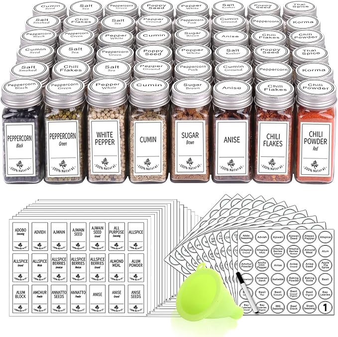 SWOMMOLY 48 Pcs 4 oz Glass Spice Jars with Shaker Lids and 806 White Labels | Empty Square Spice Containers with Airtight Lids, Chalk Marker, Funnel - Seasoning Bottles for Spice Racks, Cabinets, Drawers