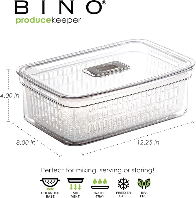 BINO | Produce Saver - 15.2 Cup/3.6L | Fridge Storage Containers for Fruits and Vegetables | Vegetable Storage with Adjustable Air Vent, Removable Basket | BPA-Free Fridge Organizers and Storage