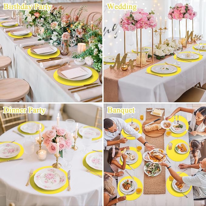 SHACOS 100 pcs Round Paper Placemats Disposable 13 inch Colored Paper Decorative Place Mats for Wedding Birthday Party Bridal Baby Shower Events Table Decoration, Yellow (Pack of 2)