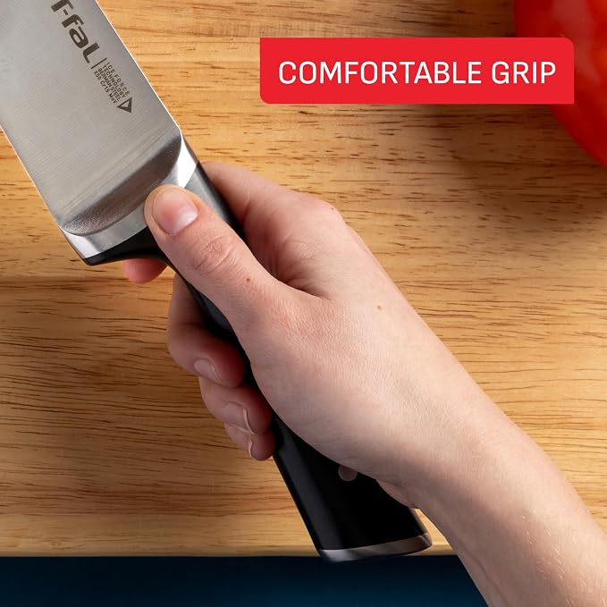 T-fal Ice Force 8-Piece German Stainless Steel Kitchen Knife Block Set | X50CrMoV15 steel, 26-degree cutting edge, Ergonomic handle with finger guard, Includes santoku knife, Hand wash only