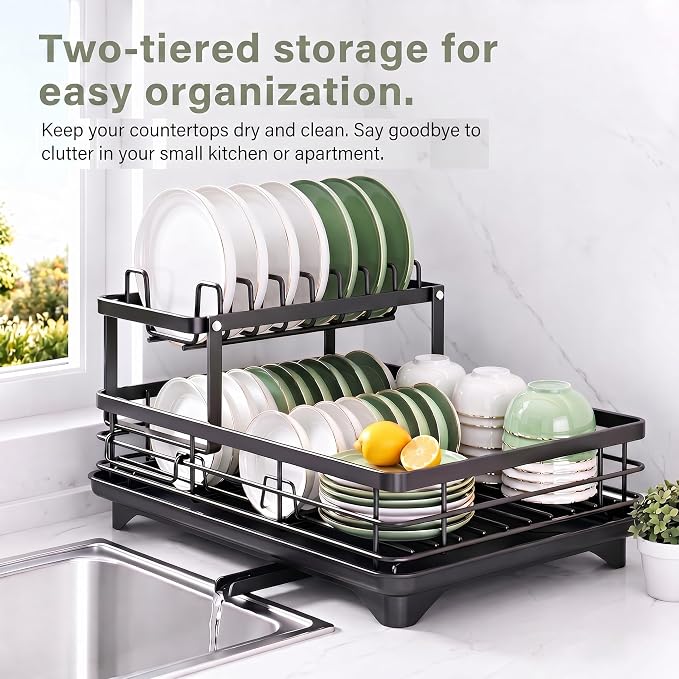 Dish Drying Rack, 2 Tier Space-Saving Dish Rack for Kitchen Counter, Dish Drainer Stainless Steel Rustproof with Drainboard, Utensil Holder