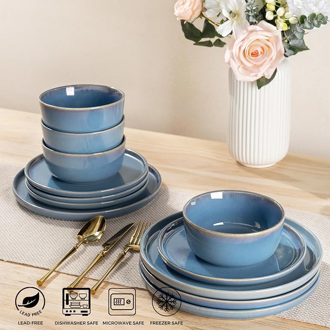 GBHOME Dinnerware Sets for 4, 12 Pieces Ceramic Plates and Bowls Set | Scratch Resistant Stoneware Dishes Set, Dishwasher & Microwave Safe, Reactive Glaze-Alaskan Blue