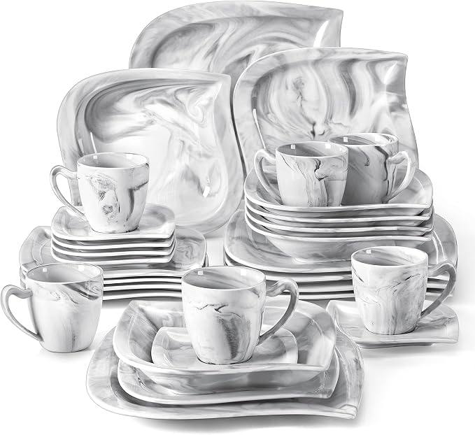 MALACASA 30 Piece Porcelain Dinnerware Set, Marble Grey for 6 | Complete with Plates, Bowls, Cups, Saucers, Microwave Oven and Dishwasher Safe Porcelain, Modern Square Design, Service for 6