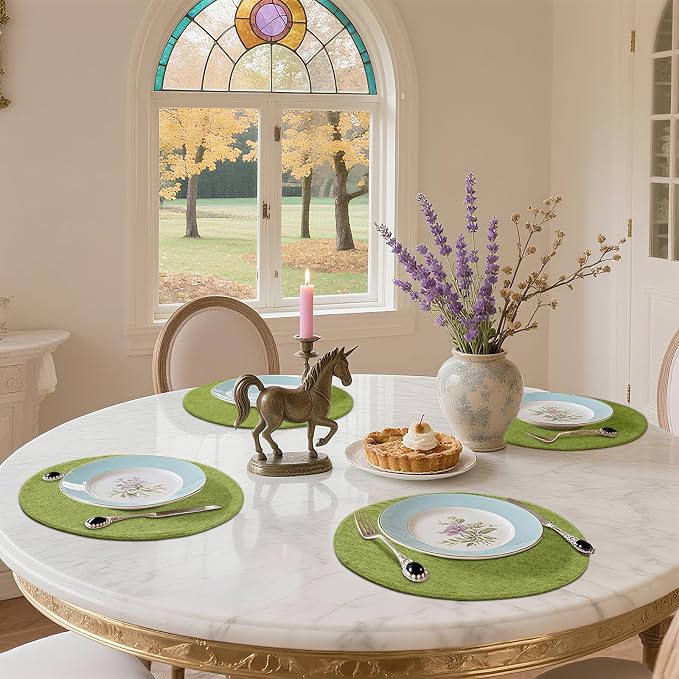 Cotton Linen 15 Inch Round Cloth Place mats, Set of 6, Grass Green | Washable Table Mats, Heat Resistant, Reversible, Wipeable Place Mats for Indoor Outdoor