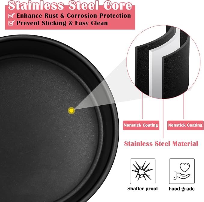 E-far 6 Inch Cake Pans, 3PCS Nonstick Stainless Steel Round Cake Pans | Small Baking Tins for Layer Cakes, Stainless Steel Core & Non-toxic Coating, Straight Side & 2 Inch Deep, Easy Clean
