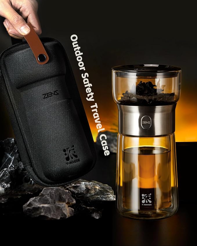 ZENS Modern Tea Infuser Teapot, One Touch Tea Maker for Loos Leaf Tea | Glass Magic Tea Pot, Mess free Tea Steeper with Insulated Mug, Portable Tea Infuser with Case for Tea Lovers