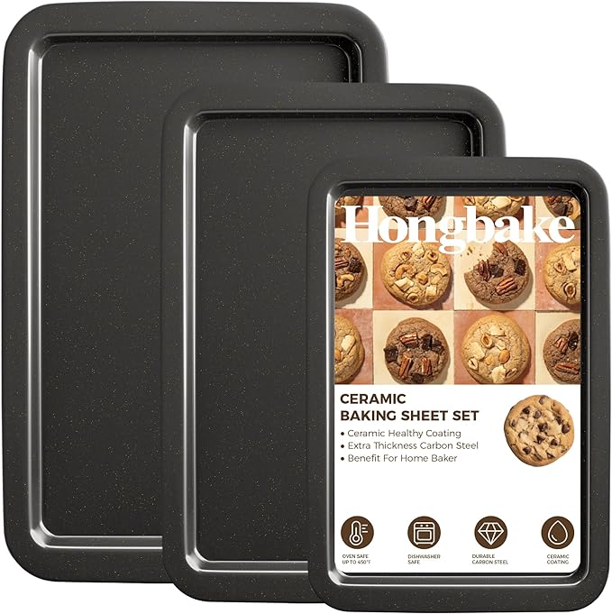 Ceramic Baking Sheet Pan Set of 3, Easy to Grab, Non-Toxic | Commercial Cookie Sheets for Oven, Nonstick Half/Jelly Roll/Quarter Baking Tray,Wider Gribs, Premium,Easy to Clean- Dark Grey