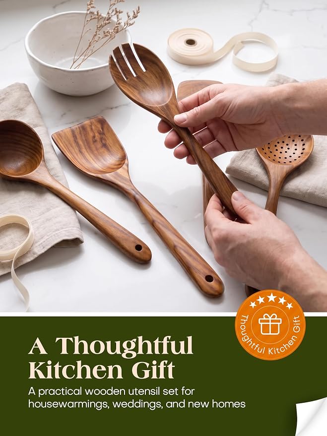 Wood Utensils Set for Cooking, Teak Wooden Utensils Set Wood Spatula for Nonstick Cookware Kitchen Utensils Set 5