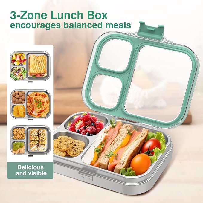 HOMEKOL Stainless Steel Bento Lunch Box, Green, 3.3Cups | 3-Compartment,Leak-Proof, for Kids & Adults, BPA-Free, Dishwasher Safe, Clear Tritan Lid, 800ml (Not Insulated)