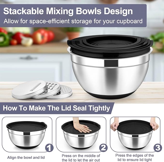 TeamFar Mixing Bowls, Stainless Steel Salad Bowl with Lid & Graters -Black | 6 PCS for Kitchen Baking Serving Prepping, Container for Dough Veggie Fruit, Non-Slip & Nesting, 4.6 /3.5 /2 /1.5 /1 /0.7 QT