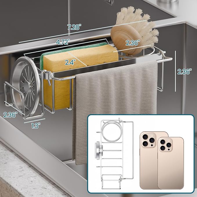 TAILI 4-in-1 Sponge Holder for Kitchen Sink with Strong Suction Cup-Silver | Removable Rustproof 304 Stainless Steel Multi-compartment Sponge Holder with Suction Cup, Keeps Brushes & Scrubbers Tidy